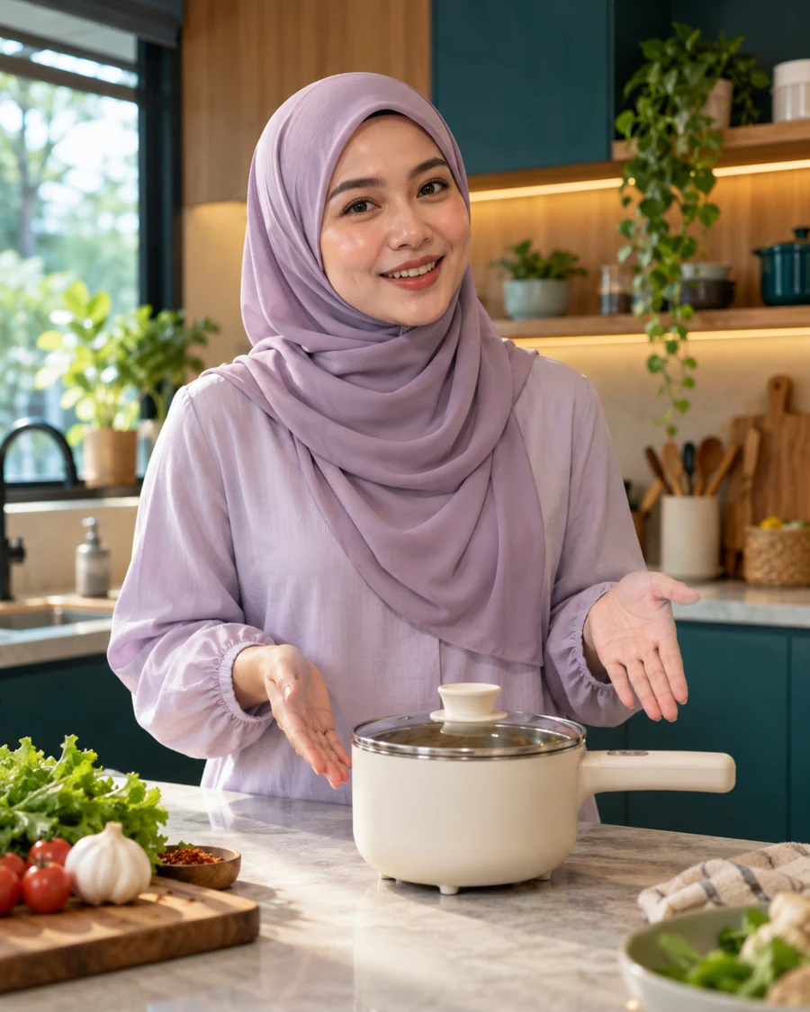 Contoh visual AI: wanita bertudung memperkenalkan periuk elektrik di dapur